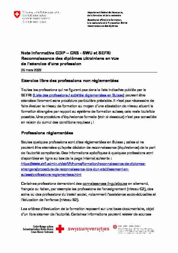 Note informative CDIP – CRS - SWU et SEFRI Reconnaissance des