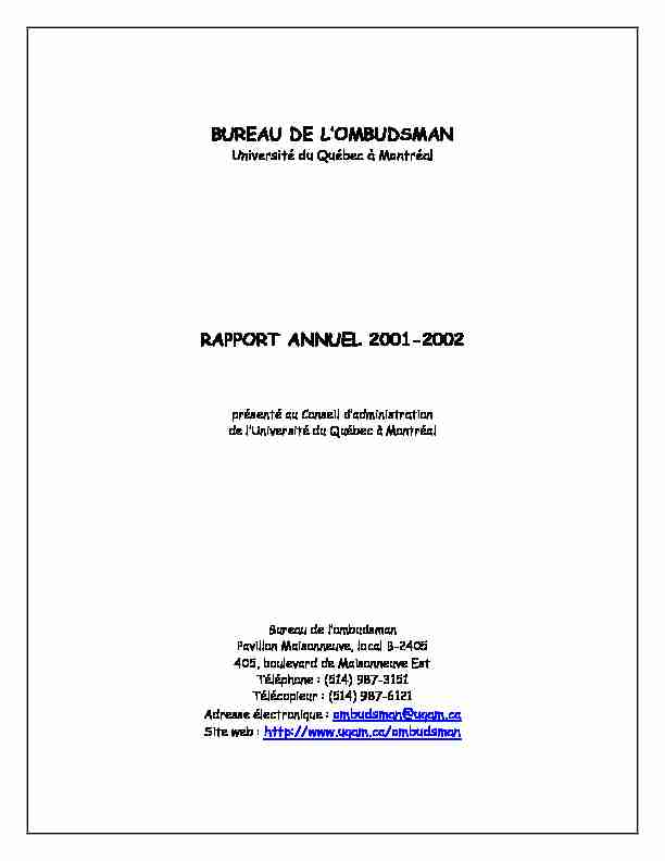BUREAU DE LOMBUDSMAN RAPPORT ANNUEL 2001-2002
