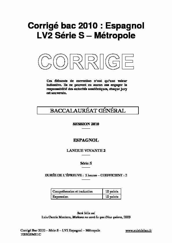 [PDF] Corrigé officiel complet du bac S Espagnol LV2 2010  - Sujet de bac