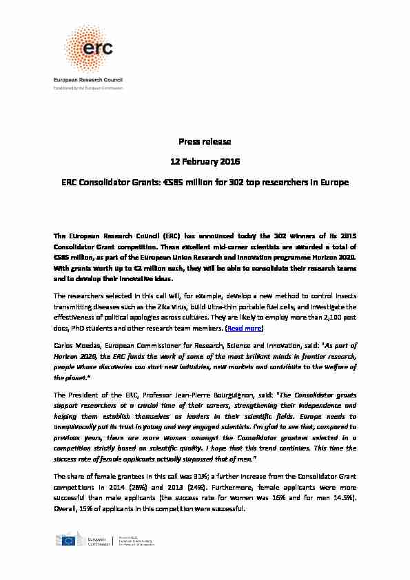 Press release 12 February 2016 ERC Consolidator Grants: €585
