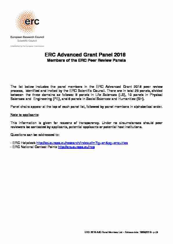 ERC Advanced Grant Panel 2018 - Members of the ERC Peer