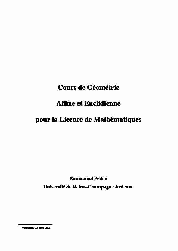 [PDF] Cours de G´eom´etrie Affine et Euclidienne pour  - Emmanuel Pedon