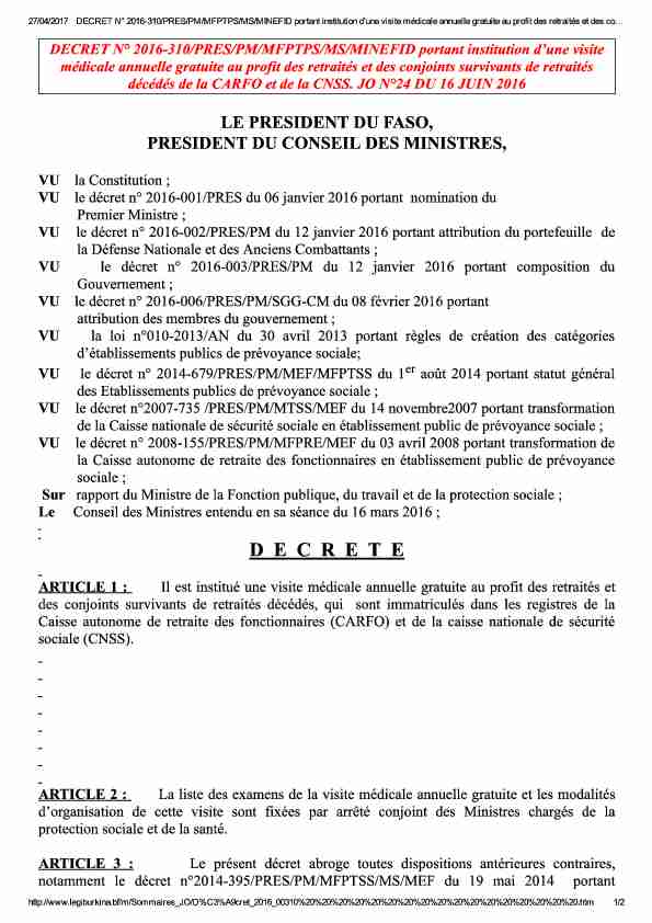 DECRET N° 2016-310/PRES/PM/MFPTPS/MS/MIet de la CNSS ...