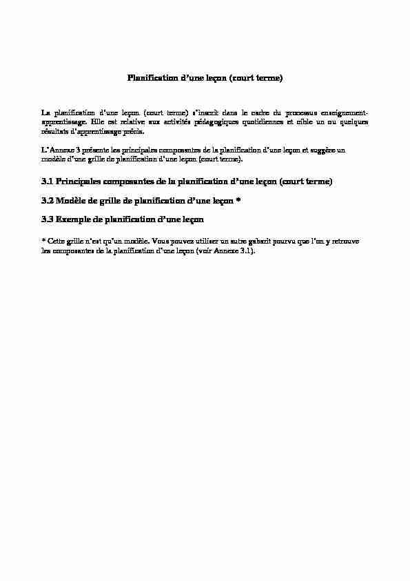 Planification dune leçon (court terme) 3.1 Principales composantes