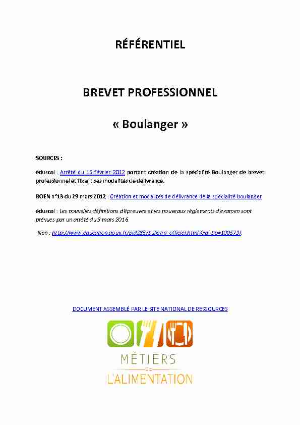 RÉFÉRENTIEL BREVET PROFESSIONNEL « Boulanger »