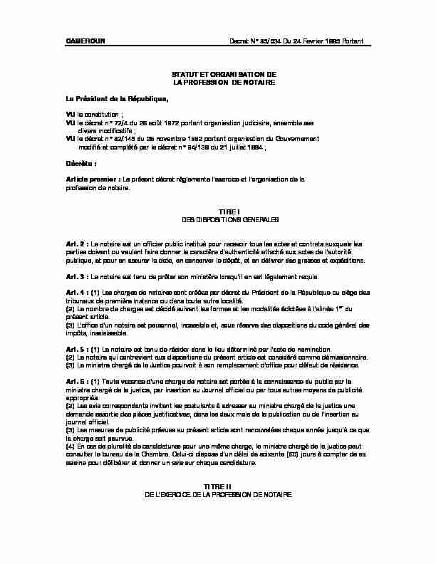 CAMEROUN Decret N° 95/034 Du 24 Fevrier 1995 Portant STATUT