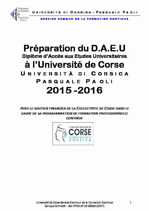Préparation du D.A.E.U à lUniversité de Corse 2015 -2016