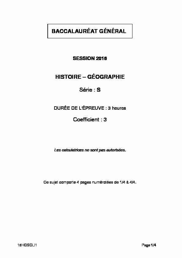 HISTOIRE – GÉOGRAPHIE Série : S Coefficient : 3