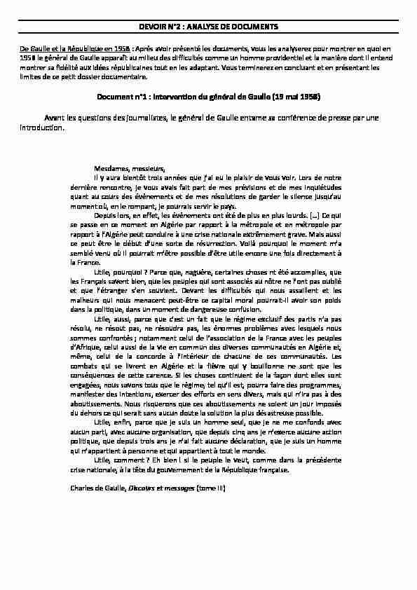 ANALYSE DE DOCUMENTS Document n°1 : Intervention du PDF