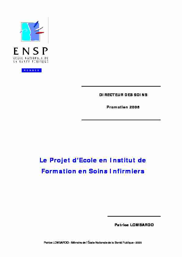 Le projet dEcole en Institut de Formation en Soins Infirmiers.