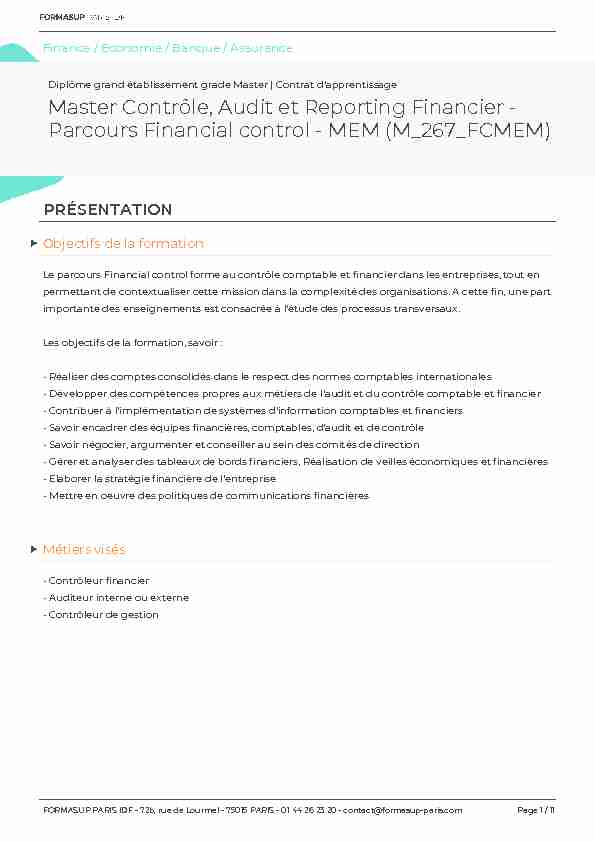 Master Contrôle Audit et Reporting Financier - FORMASUP Paris