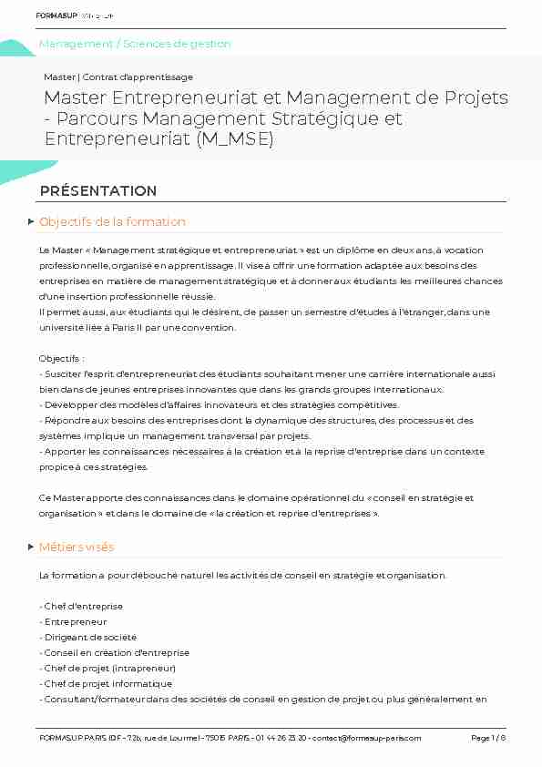 Master Entrepreneuriat et Management de Projets - FORMASUP Paris