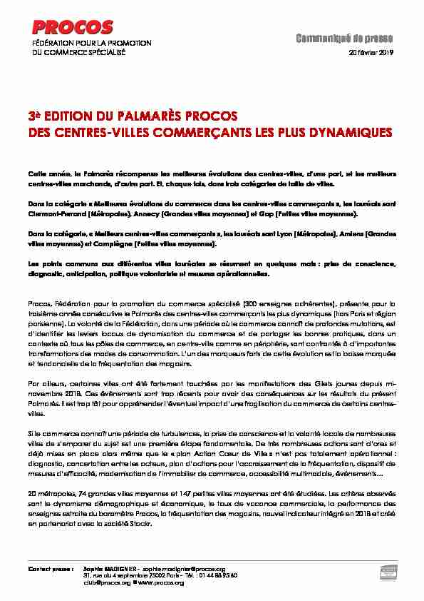 3è EDITION DU PALMARÈS PROCOS DES CENTRES-VILLES