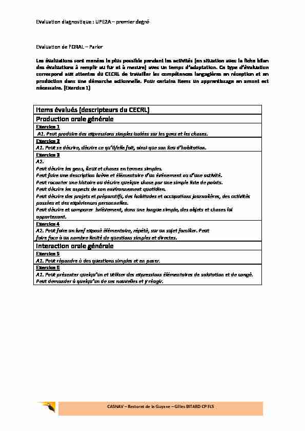 Items évalués (descripteurs du CECRL) Production orale générale