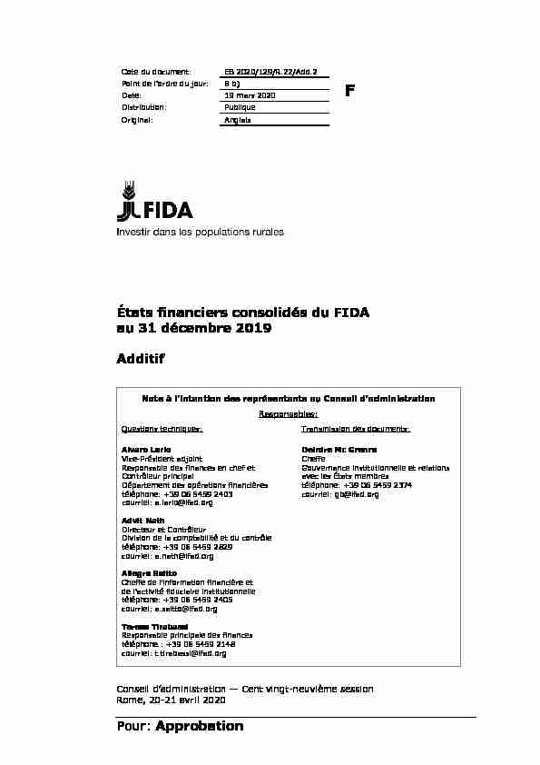 Approbation États financiers consolidés du FIDA au 31 décembre