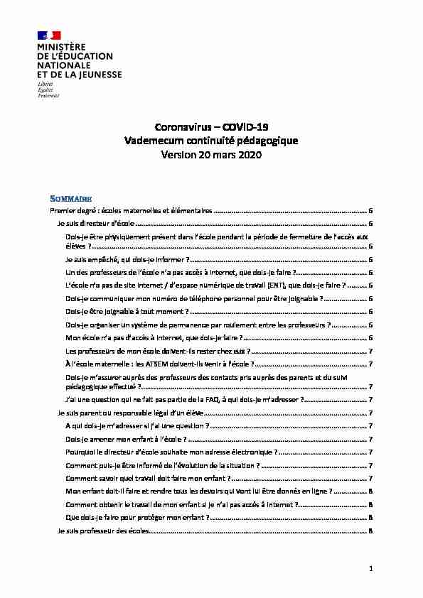 Coronavirus – COVID-19 Vademecum continuité pédagogique