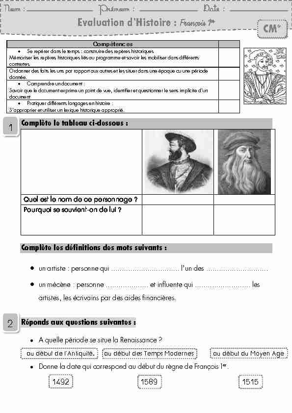 Evaluation dHistoire : François 1er CM*