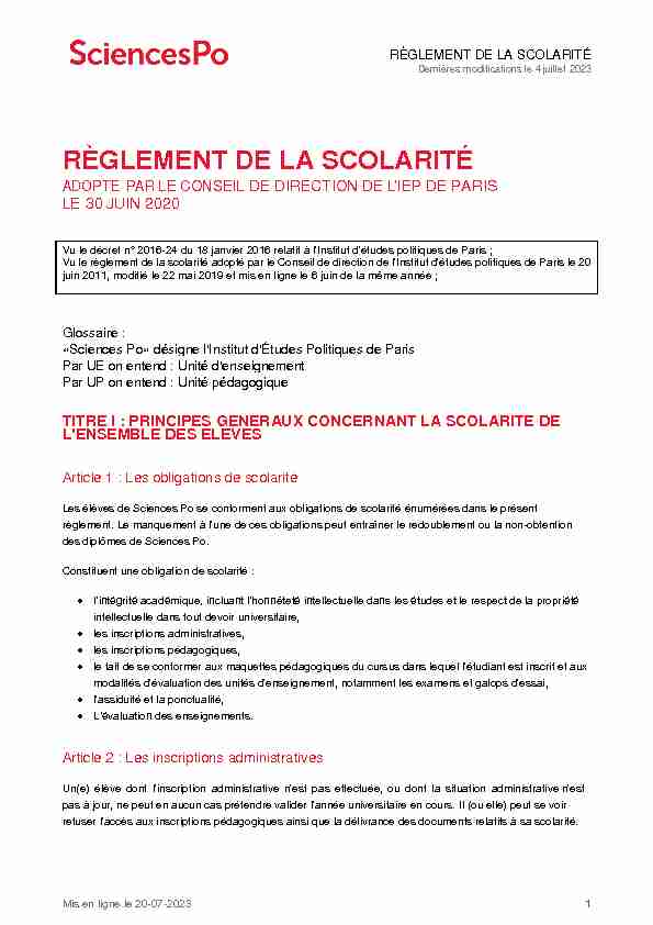 Règlement de la scolarité - Paris