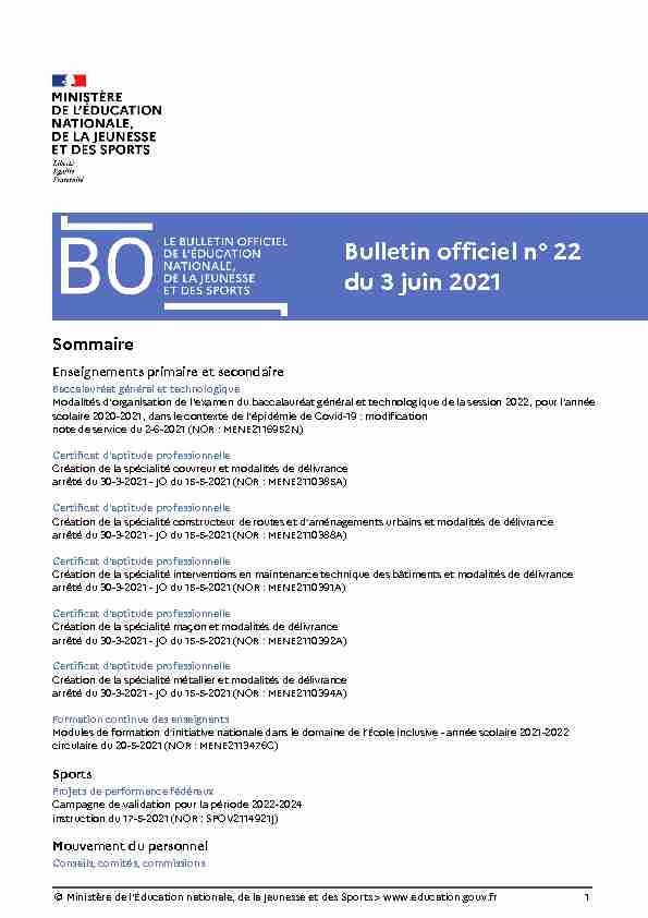 Bulletin officiel n° 22 du 3 juin 2021