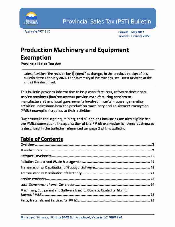 Production Machinery and Equipment Exemption