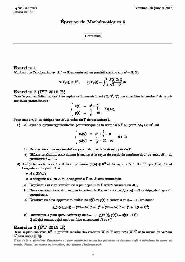 Épreuve de Mathématiques 5 Exercice 1 Exercice 2 (PT 2015 B