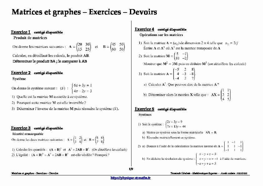 Terminale générale - Matrices et graphes - Exercices