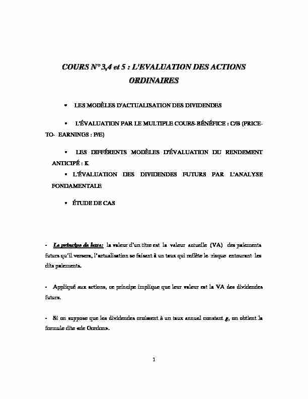COURS N °34 et 5 : LEVALUATION DES ACTIONS ORDINAIRES