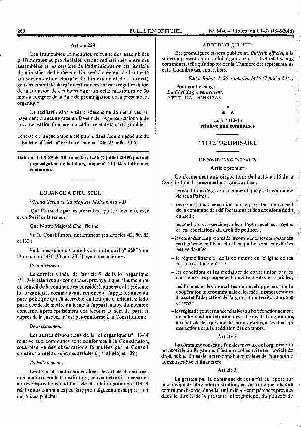 [PDF] Loi organique 113-14 concernant les communes