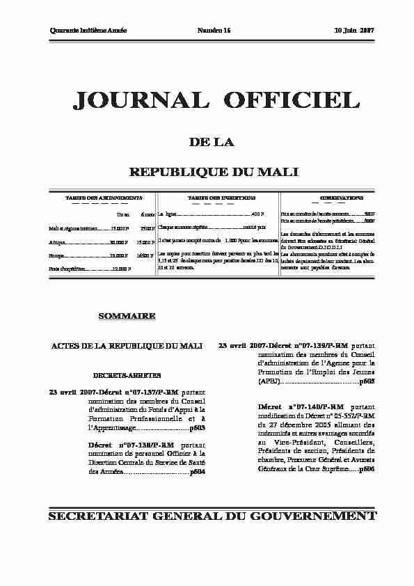 Journal officiel du Mali de lannee 2007