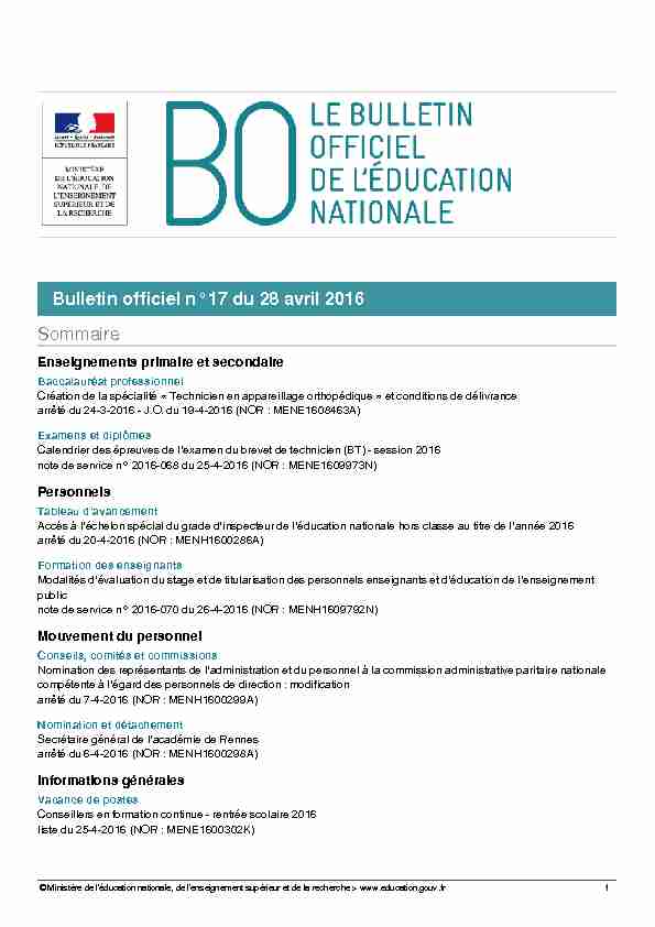 Bulletin officiel n°17 du 28 avril 2016 Sommaire