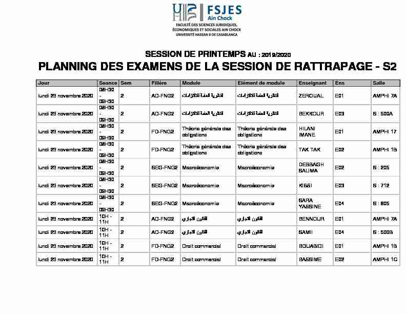 PLANNING DES EXAMENS DE LA SESSION DE RATTRAPAGE - S2