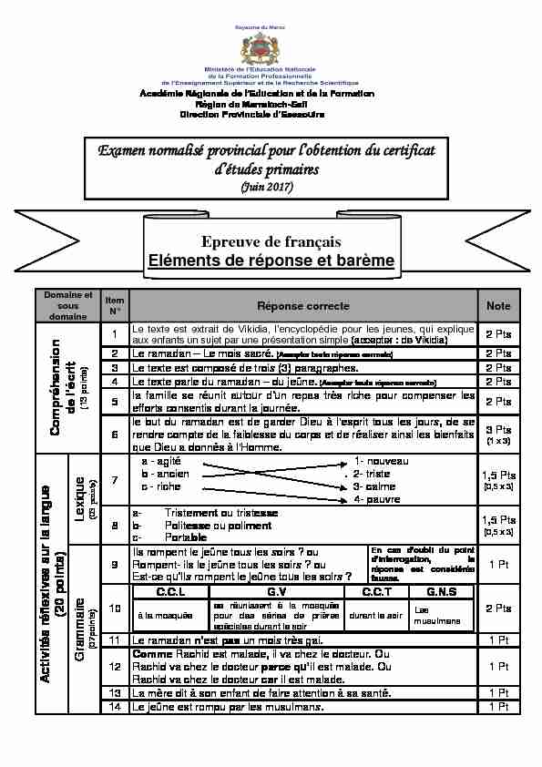 Epreuve de français Eléments de réponse et barème Examen