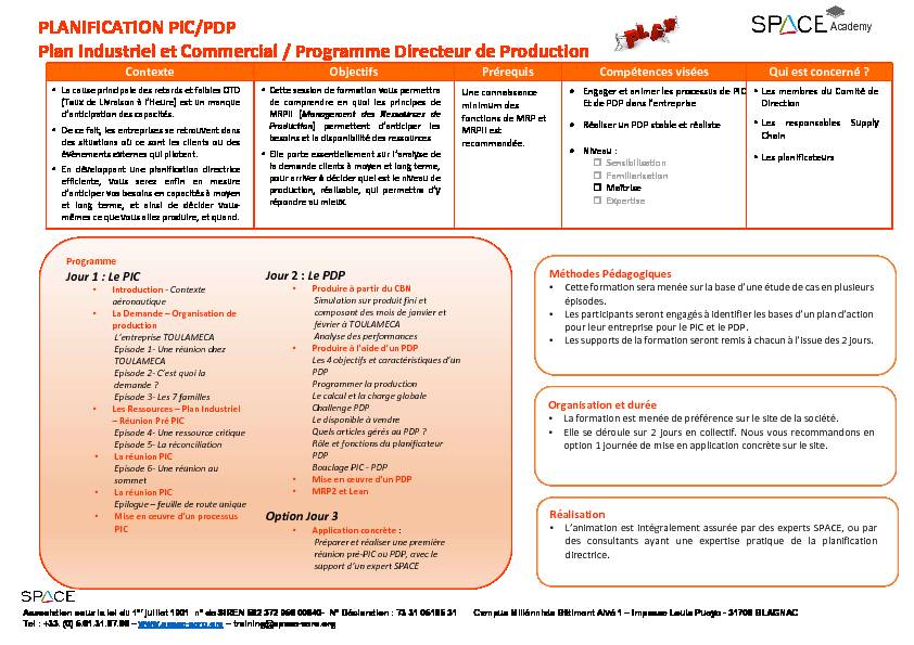 PLANIFICATION PIC/PDP Plan Industriel et Commercial