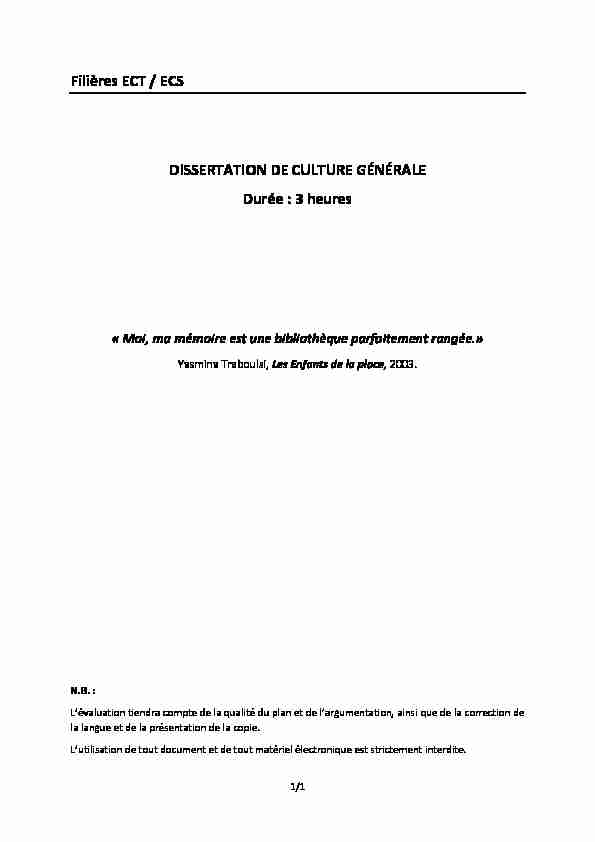 Filières ECT / ECS DISSERTATION DE CULTURE GÉNÉRALE