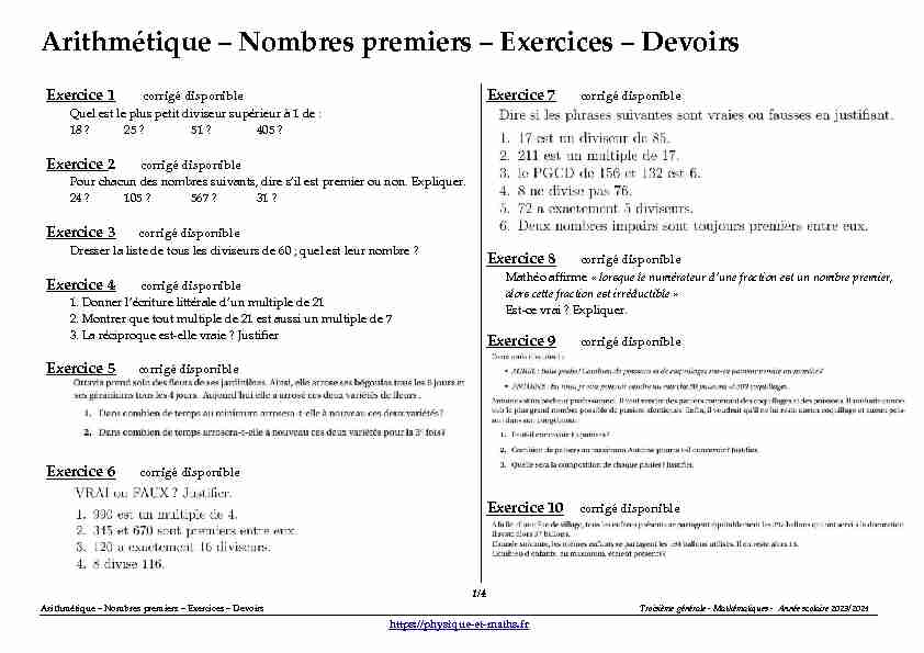 Troisième - Arithmétique - Nombres premiers - Exercices - Devoirs
