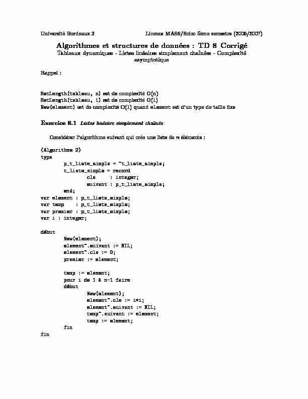 Algorithmes et structures de données : TD 8 Corrigé - Tableaux
