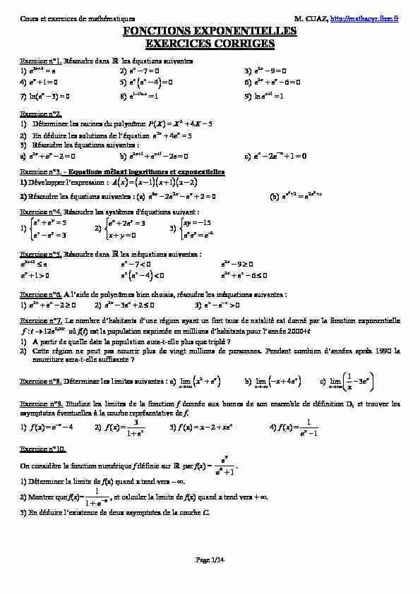 fonctions exponentielles exercices corriges
