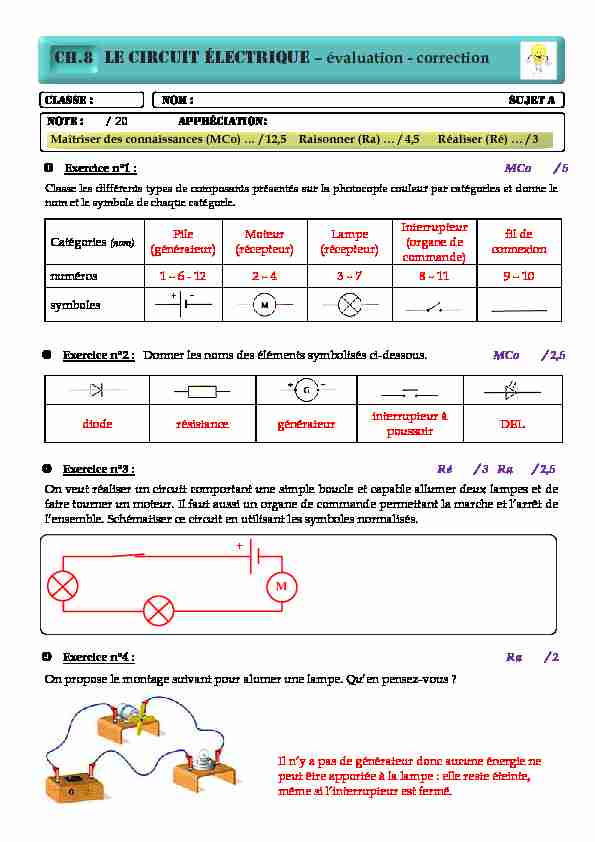 CH.8 LE CIRCUIT ÉLECTRIQUE – évaluation - correction