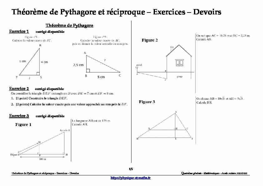 Quatrième - Théorème de Pythagore et réciproque - Exercices