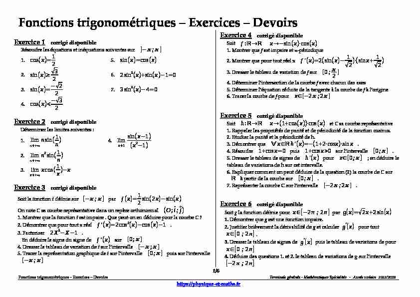 Terminale générale - Fonctions trigonométriques - Exercices - Devoirs