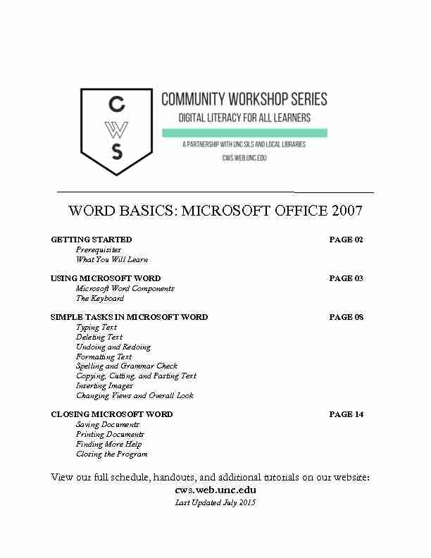 WORD BASICS: MICROSOFT OFFICE 2007