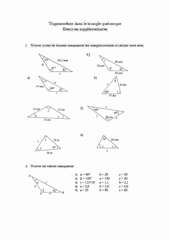 Trigonométrie dans le triangle quelconque Exercices supplémentaires