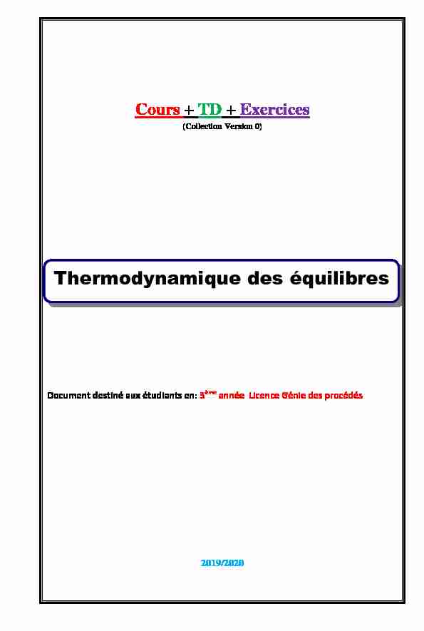 Université dEl Oued Module : Thermodynamique des équilibres Fa