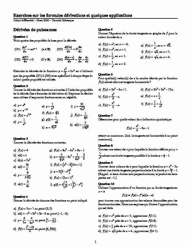 Exercices sur les formules dérivations et quelques applications