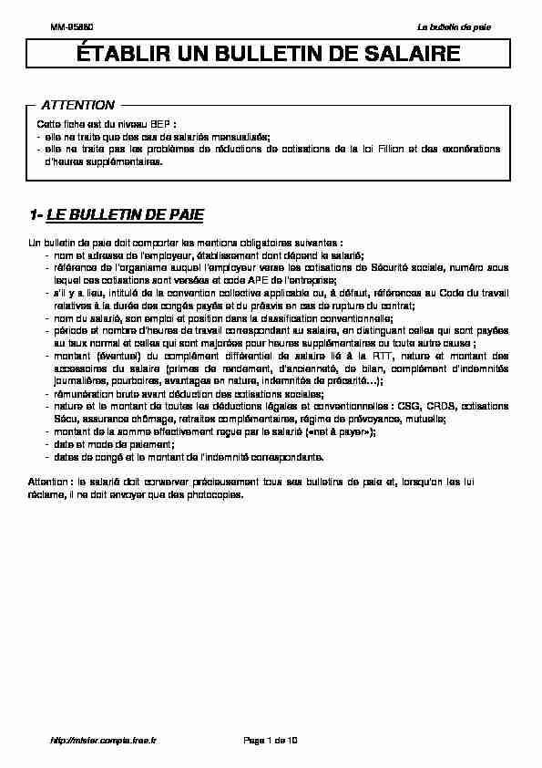 MM-95880 Le bulletin de paie ÉTABLIR UN BULLETIN DE SALAIRE