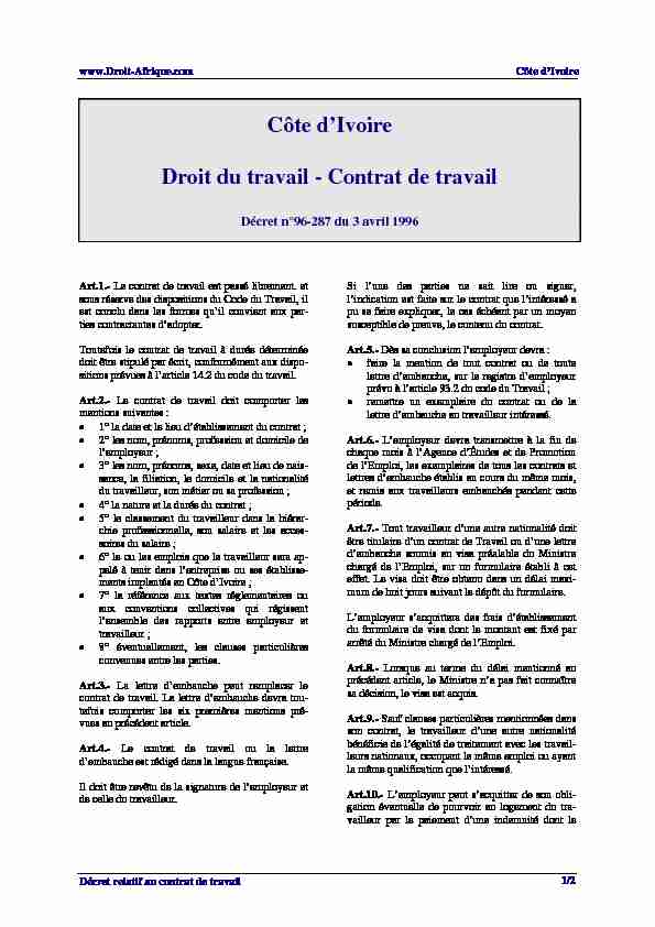 Cote dIvoire - Decret n°1996-287 du 3 avril 1996 portant contrat de