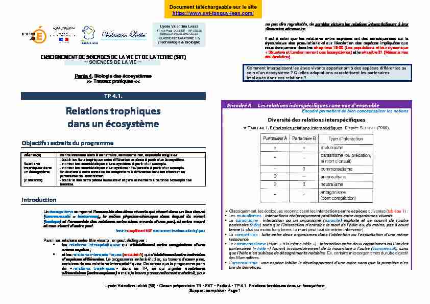 SVT TB TP 4.1. - Relations trophiques - T. JEAN - BCPST Capes