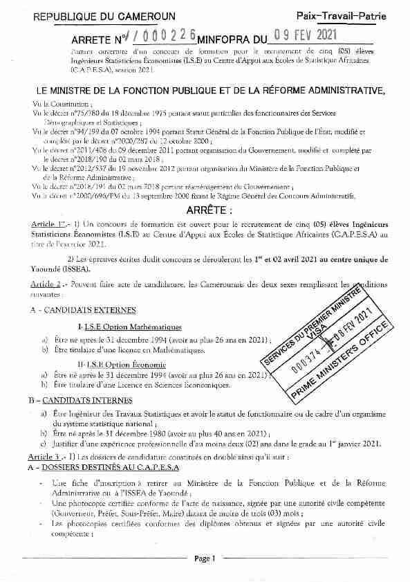 · REPUBLIQUE DU CAMEROUN Paix- Travail-Patrie ARRETE Nol