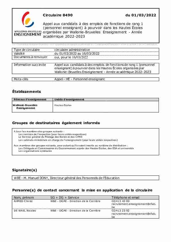 Circulaire 8490 du 01/03/2022 Appel aux candidats à des emplois