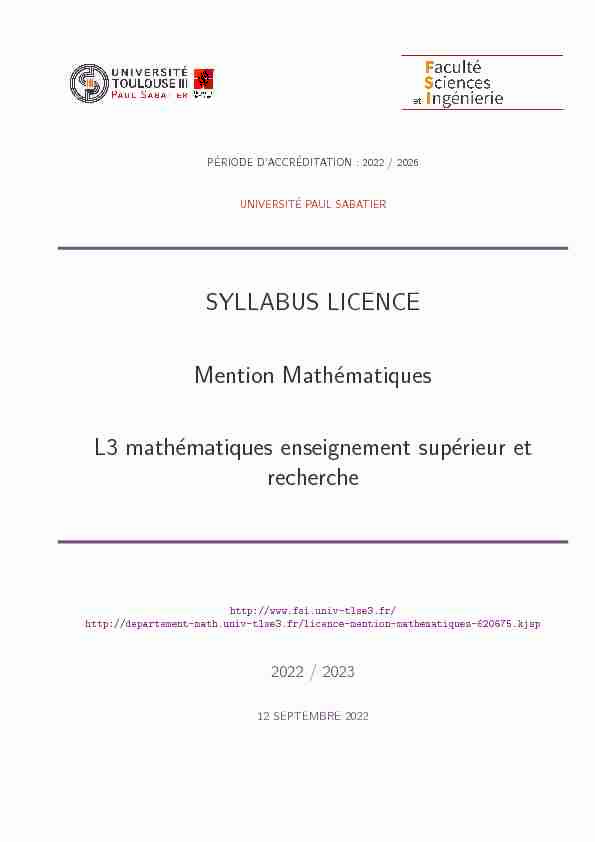 SYLLABUS LICENCE Mention Mathématiques L3 mathématiques